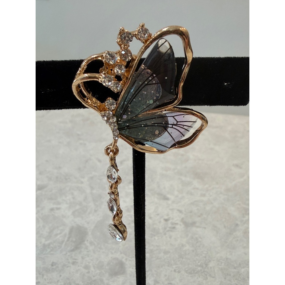Gold Tone Butterfly Brooch Rhinestone Dangle Translucent Wing Pin Fairycore